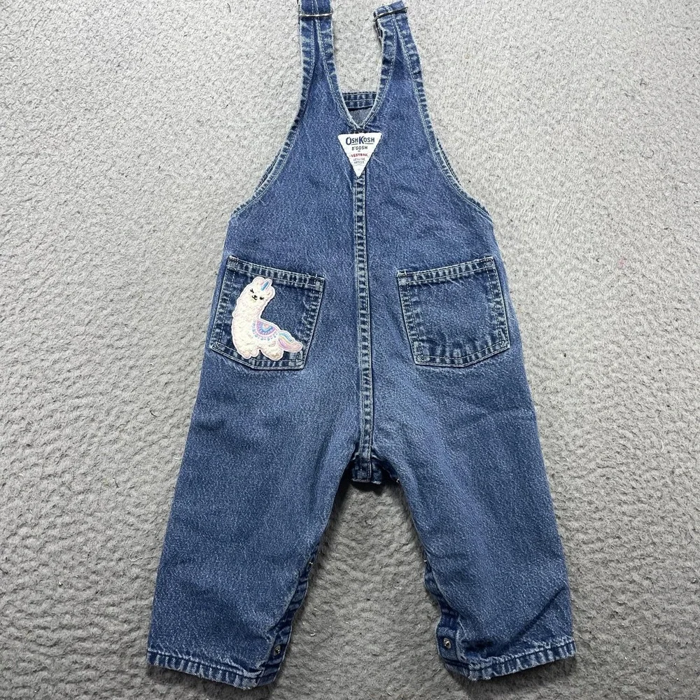 Vintage OshKosh B'gosh Overalls Infant Girls 18M Blue Denim Llama Rainbow USA *